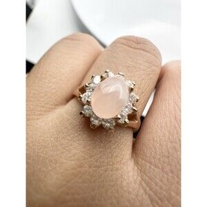 18k Gold Plated Natural Rose Quartz Rhinestone Ring Size 5.5